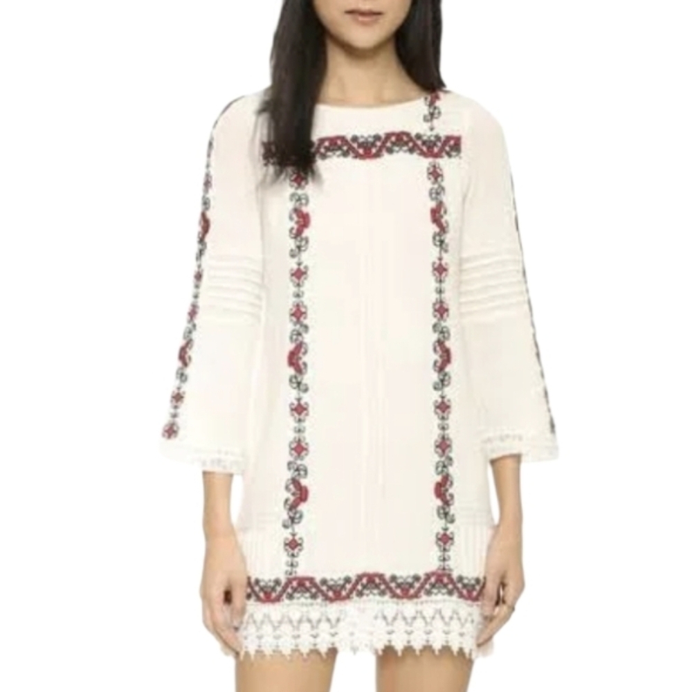 Alice + Olivia Boho Babe Peasant Cream Long Sleeve Dress Red Black Embroidered